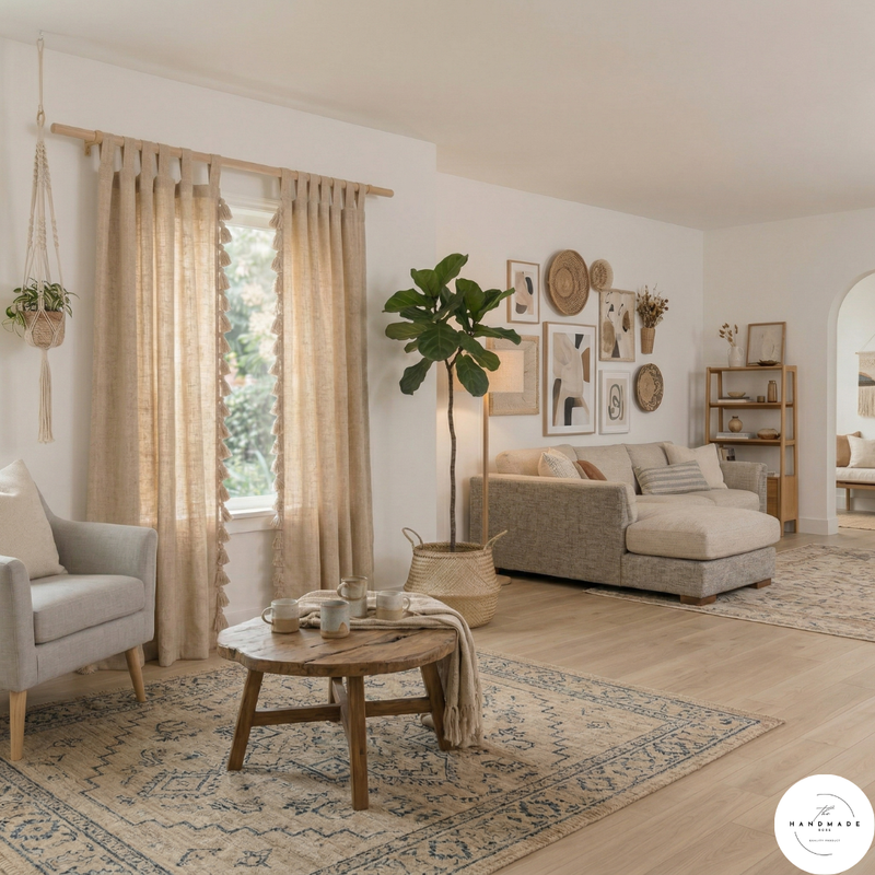 Heavyweight hand-woven cotton curtain panels in sand with tassel detail filtering sunlight in a minimalist living room.