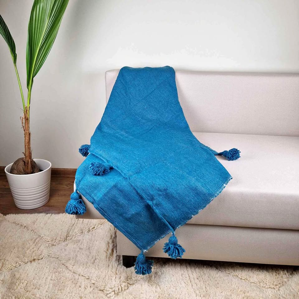 Moroccan Pom Pom Blanket - Blue Blanket with Blue Pompoms