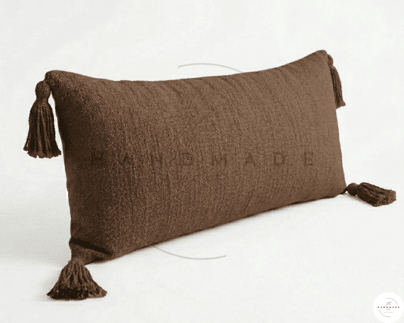 Extra Long Lumbar Pillow Cover, Textured Neutral Boho Beige Accent Cushion with Tassels