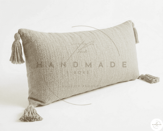 Extra Long Lumbar Pillow Cover, Textured Neutral Boho Beige Accent Cushion with Tassels