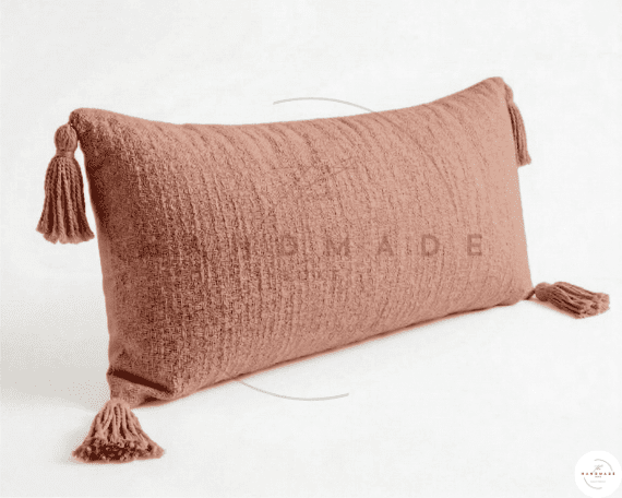 Extra Long Lumbar Pillow Cover, Textured Neutral Boho Beige Accent Cushion with Tassels