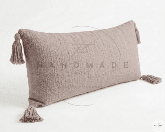 Extra Long Lumbar Pillow Cover, Textured Neutral Boho Beige Accent Cushion with Tassels