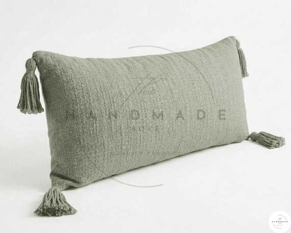 Extra Long Lumbar Pillow Cover, Textured Neutral Boho Beige Accent Cushion with Tassels