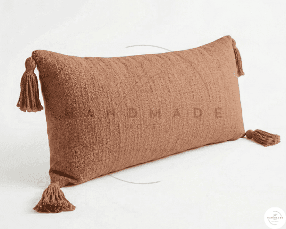 Extra Long Lumbar Pillow Cover, Textured Neutral Boho Beige Accent Cushion with Tassels