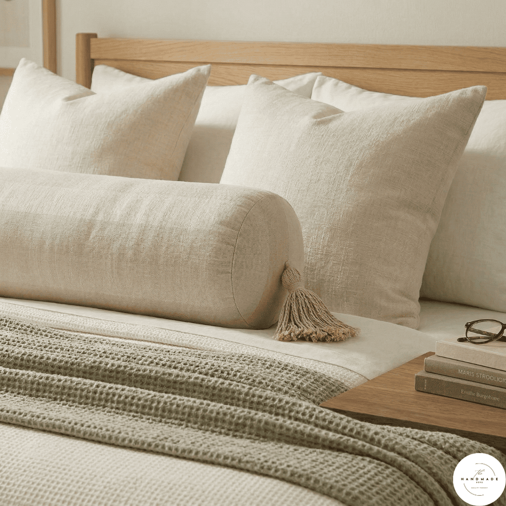Moroccan cotton bolster, extra long lumbar pillow, king size bolster cover, hand-loomed cotton cushion, neutral home decor, quiet luxury textiles, boho chic bed pillow, textured cotton lumbar, Nestra home textiles.