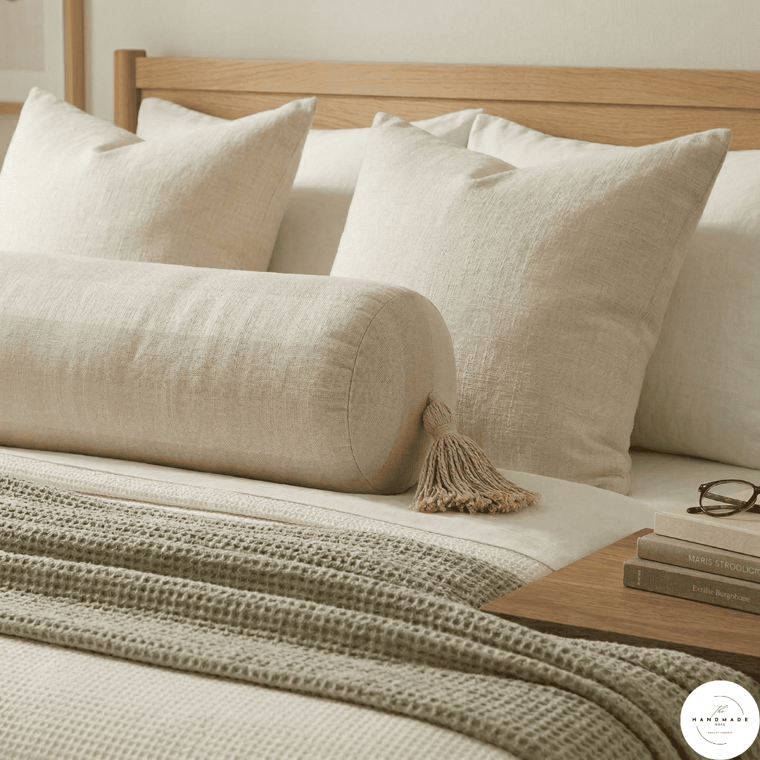 Moroccan cotton bolster, extra long lumbar pillow, king size bolster cover, hand-loomed cotton cushion, neutral home decor, quiet luxury textiles, boho chic bed pillow, textured cotton lumbar, Nestra home textiles.