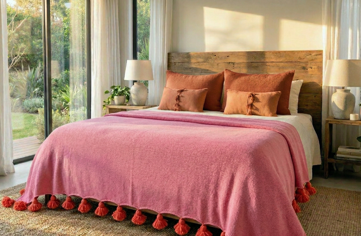 Pink Moroccan Pom Pom Throw Blanket – Pink Blanket Orange Pompoms