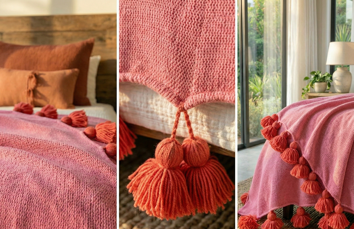 Pink Moroccan Pom Pom Throw Blanket – Pink Blanket Orange Pompoms