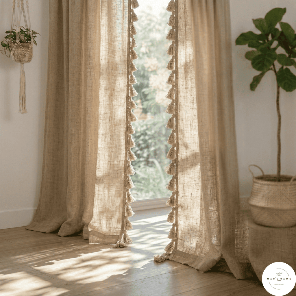 Pair of heavyweight hand-loomed Moroccan cotton curtains in oatmeal beige filtering natural light in a minimalist living room.