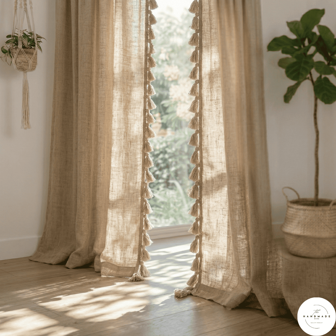 Pair of heavyweight hand-loomed Moroccan cotton curtains in oatmeal beige filtering natural light in a minimalist living room.