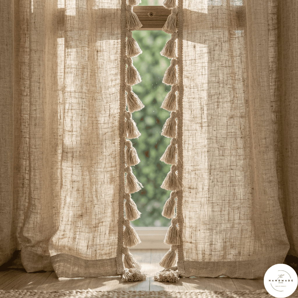 Pair of heavyweight hand-loomed Moroccan cotton curtains in oatmeal beige filtering natural light in a minimalist living room.