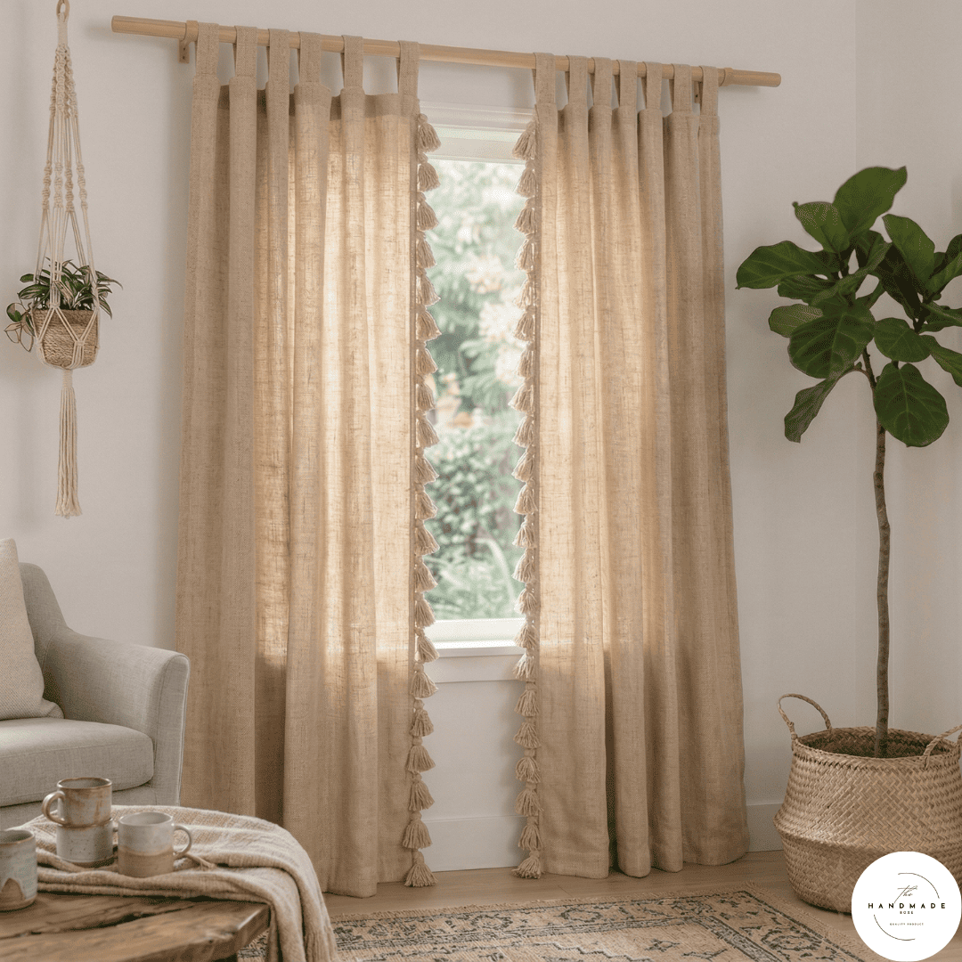Pair of heavyweight hand-loomed Moroccan cotton curtains in oatmeal beige filtering natural light in a minimalist living room.