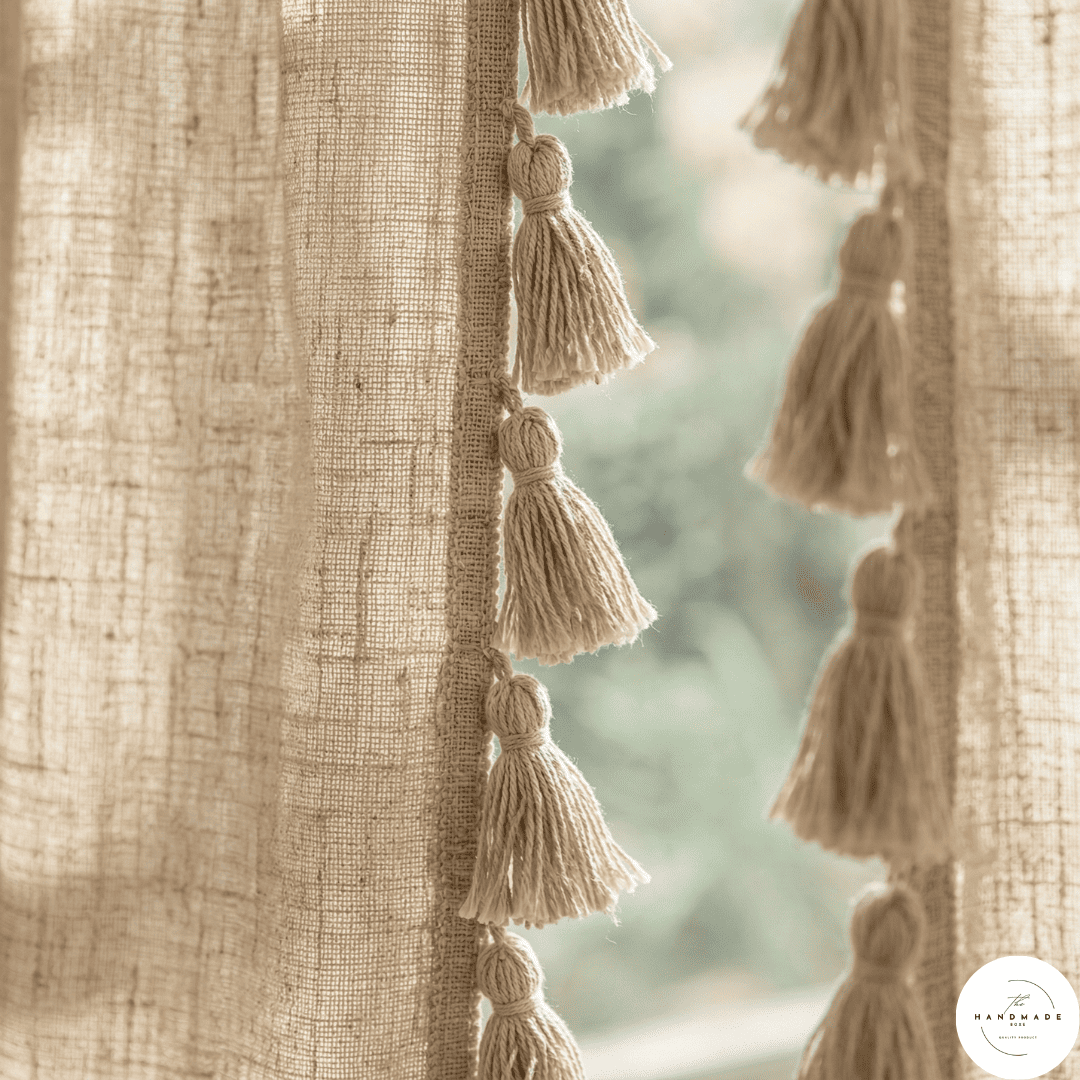 Detail of a textured cream cotton curtain panel showing the artisanal horizontal weave and handcrafted tonal tassels.