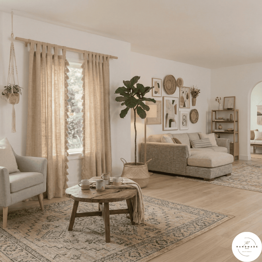Pair of heavyweight hand-loomed Moroccan cotton curtains in oatmeal beige filtering natural light in a minimalist living room.