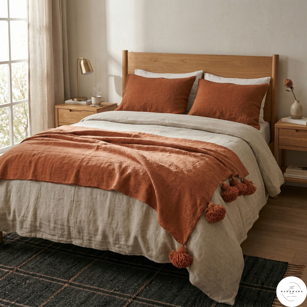 Shop our handcrafted terracotta cotton throw blanket. Made in Marrakech by master weavers. 100% natural cotton with oversized pom-poms. Perfect for Boho-Chic & Minimalist home decor. Fast US Shipping.