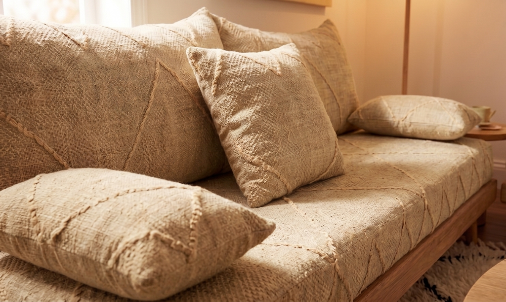 Handcrafted Sofa Set with Beige Cotton Cushions & Natural Wood Base