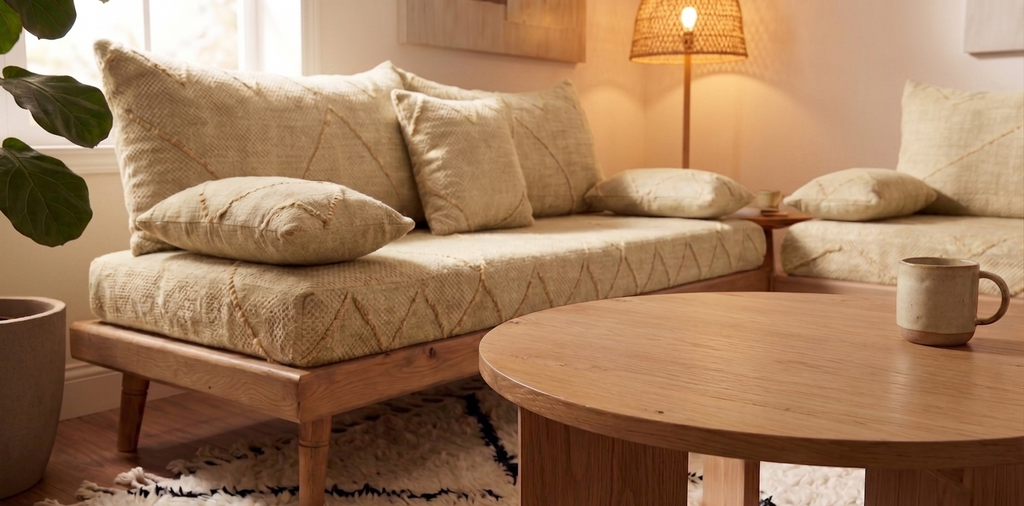 Handcrafted Sofa Set with Beige Cotton Cushions & Natural Wood Base