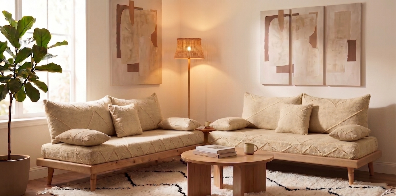 Handcrafted Sofa Set with Beige Cotton Cushions & Natural Wood Base