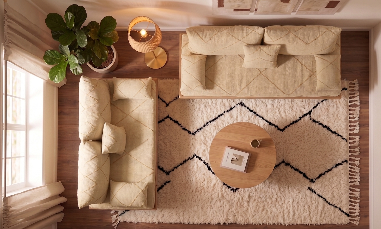 Handcrafted Sofa Set with Beige Cotton Cushions & Natural Wood Base