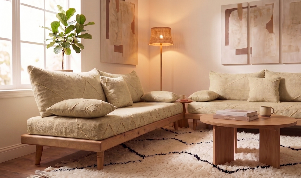 Handcrafted Sofa Set with Beige Cotton Cushions & Natural Wood Base