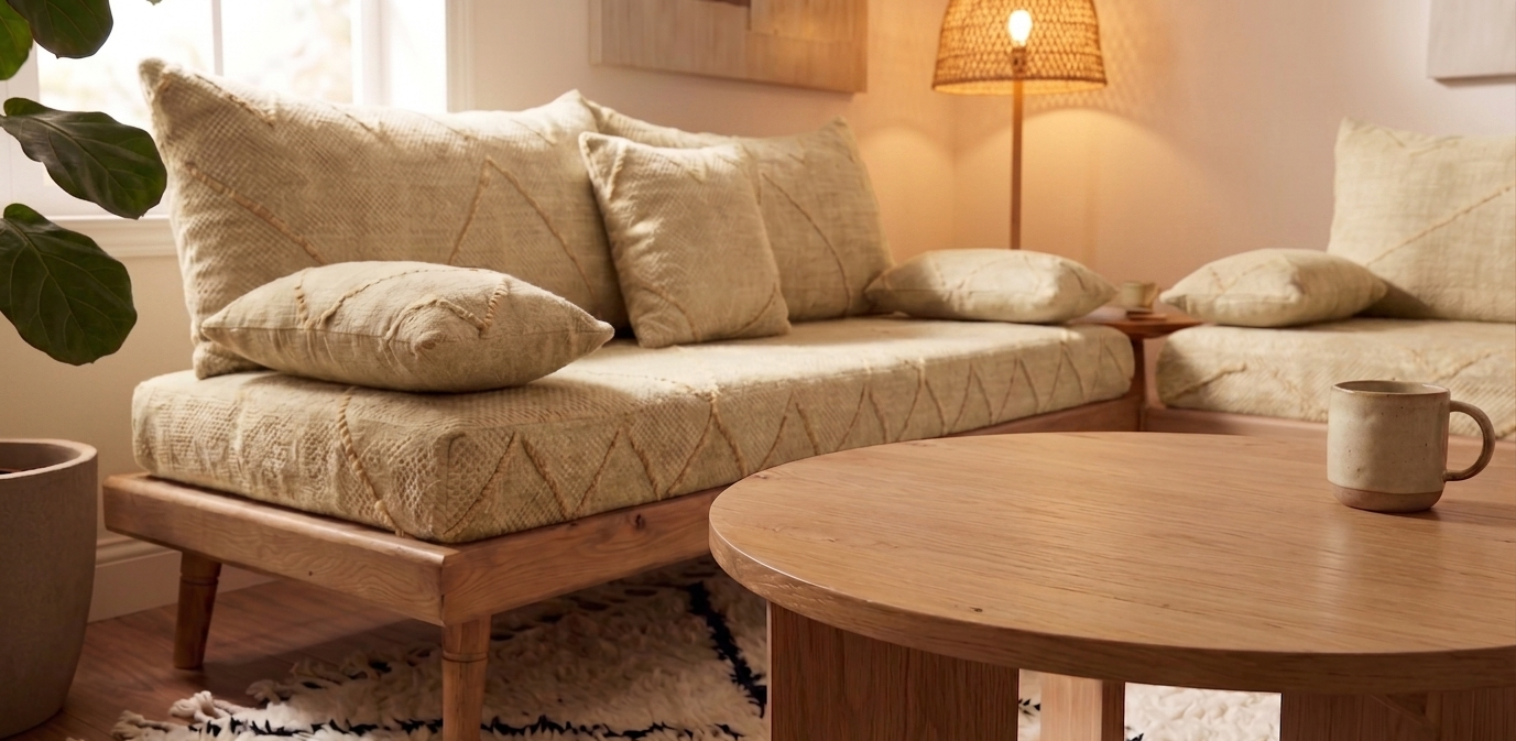 Handcrafted Sofa Set with Beige Cotton Cushions & Natural Wood Base