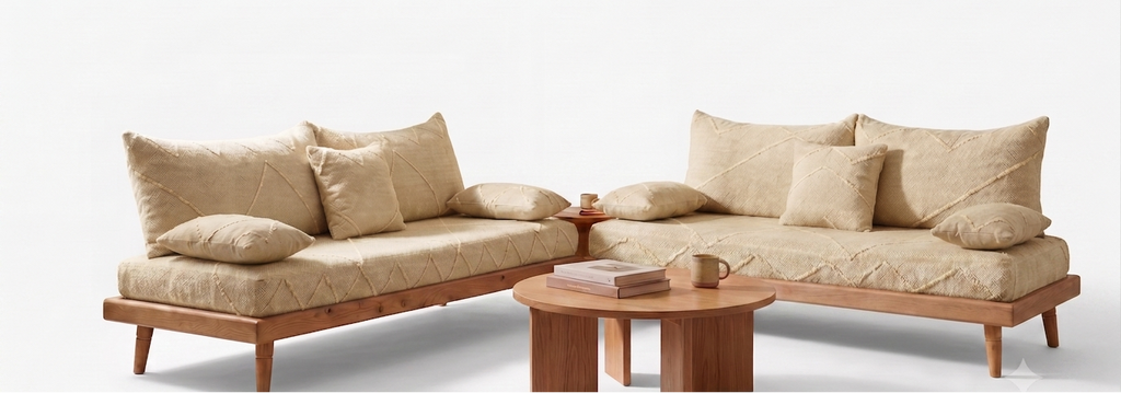 Handcrafted Sofa Set with Beige Cotton Cushions & Natural Wood Base