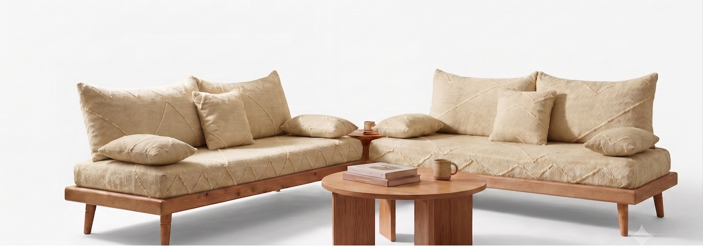 Handcrafted Sofa Set with Beige Cotton Cushions & Natural Wood Base