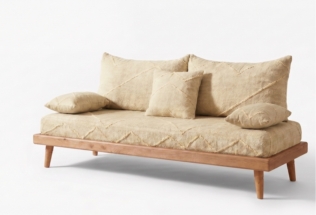 Handcrafted Sofa Set with Beige Cotton Cushions & Natural Wood Base