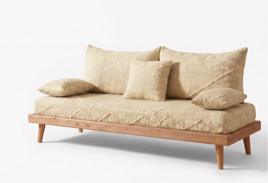 Handcrafted Sofa Set with Beige Cotton Cushions & Natural Wood Base