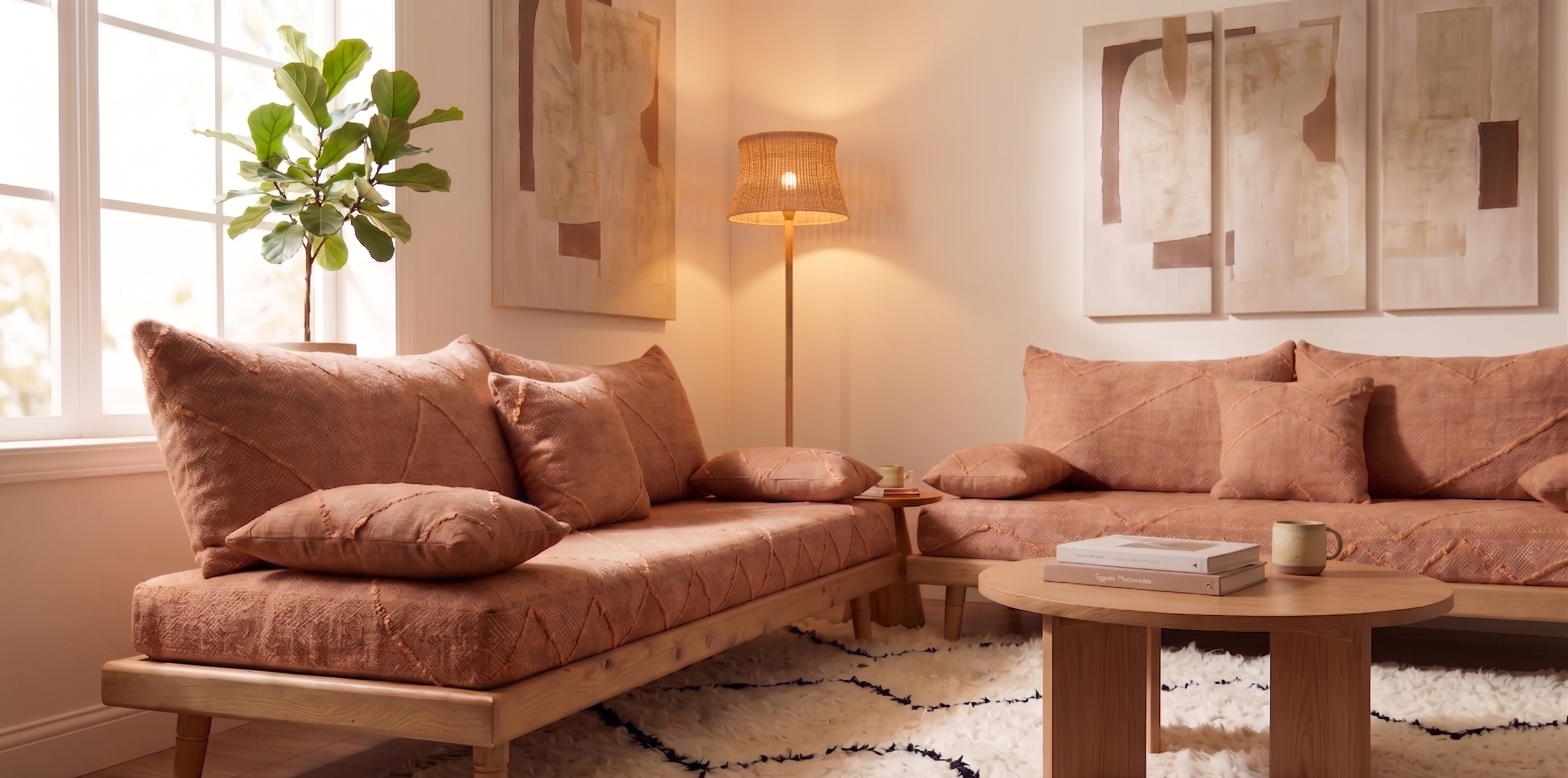 Handcrafted Moroccan low-profile sofa set with terracotta cotton cushions and natural wood frames in a warm, modern living room.