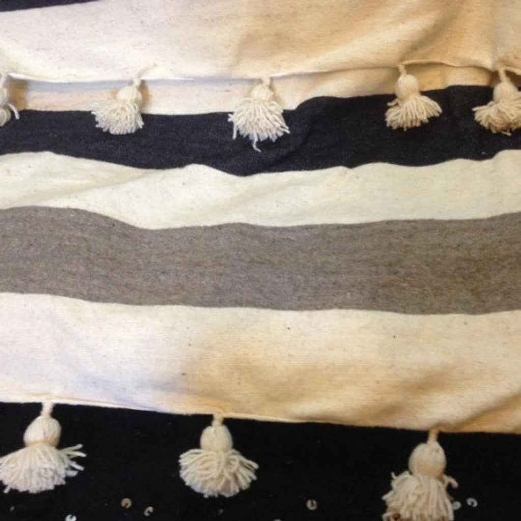 Moroccan Pom Pom Blanket - Cotton Pompom Throw Blanket – Black , White & Cream Oversized pom poms