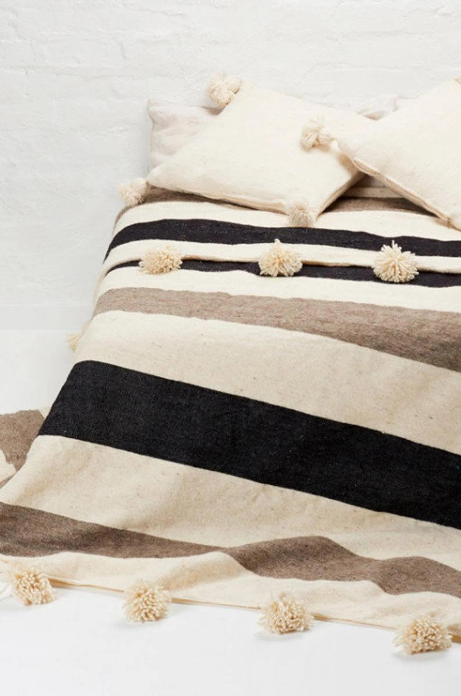 Moroccan Pom Pom Blanket - Cotton Pompom Throw Blanket – Black , White & Cream Oversized pom poms