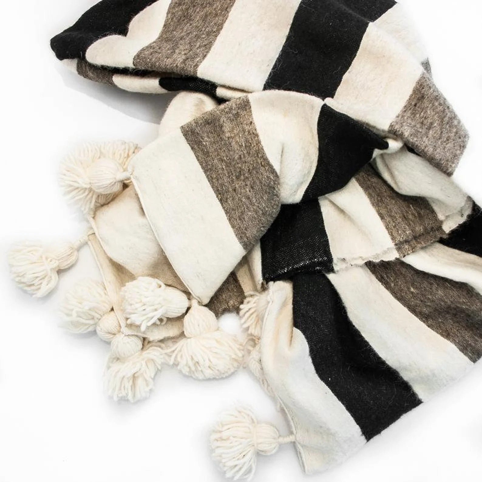 Moroccan Pom Pom Blanket - Cotton Pompom Throw Blanket – Black , White & Cream Oversized pom poms