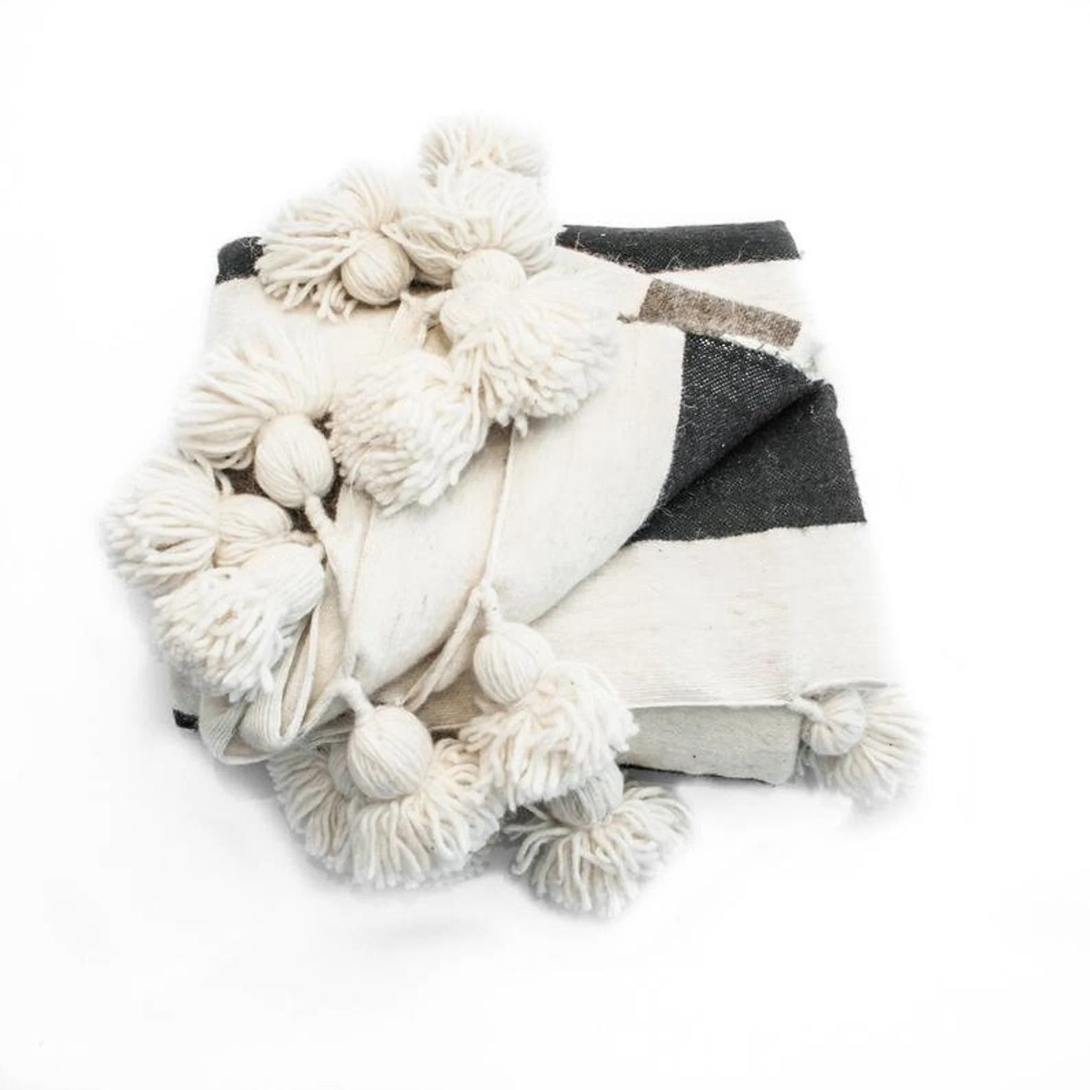 Moroccan Pom Pom Blanket - Cotton Pompom Throw Blanket – Black , White & Cream Oversized pom poms