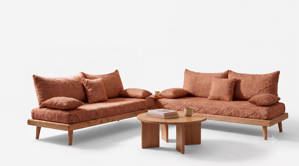 Handcrafted Moroccan low-profile sofa set with terracotta cotton cushions and natural wood frames in a warm, modern living room.
