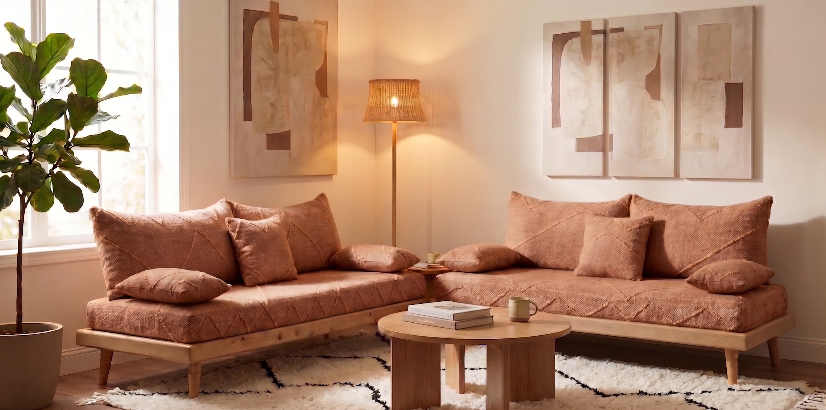 Handcrafted Moroccan low-profile sofa set with terracotta cotton cushions and natural wood frames in a warm, modern living room.