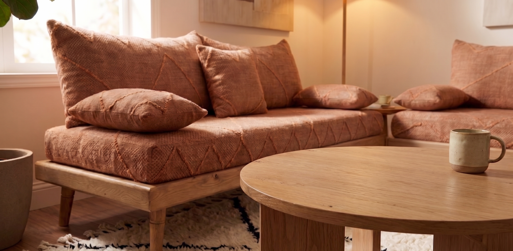 Handcrafted Moroccan low-profile sofa set with terracotta cotton cushions and natural wood frames in a warm, modern living room.