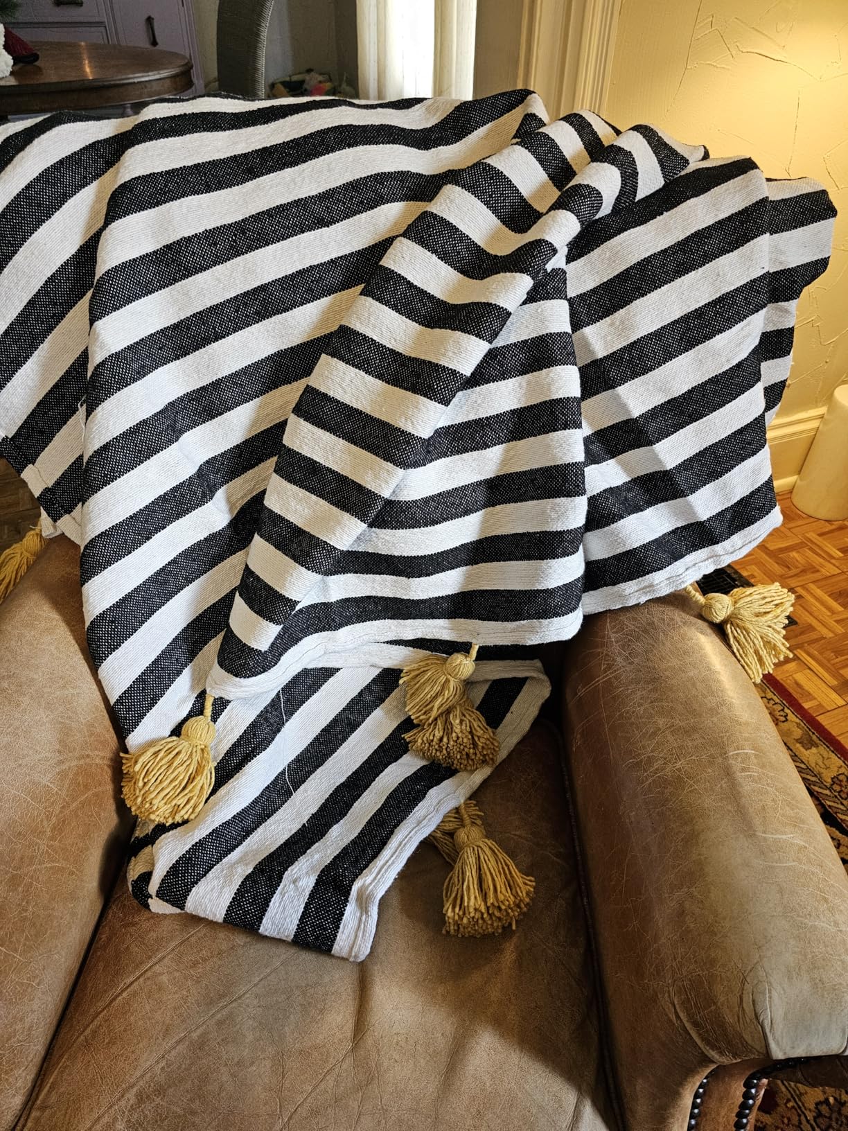 Moroccan Pompom blanket for sofa - Black and White Stripe with Mustard Yellow Pom-poms