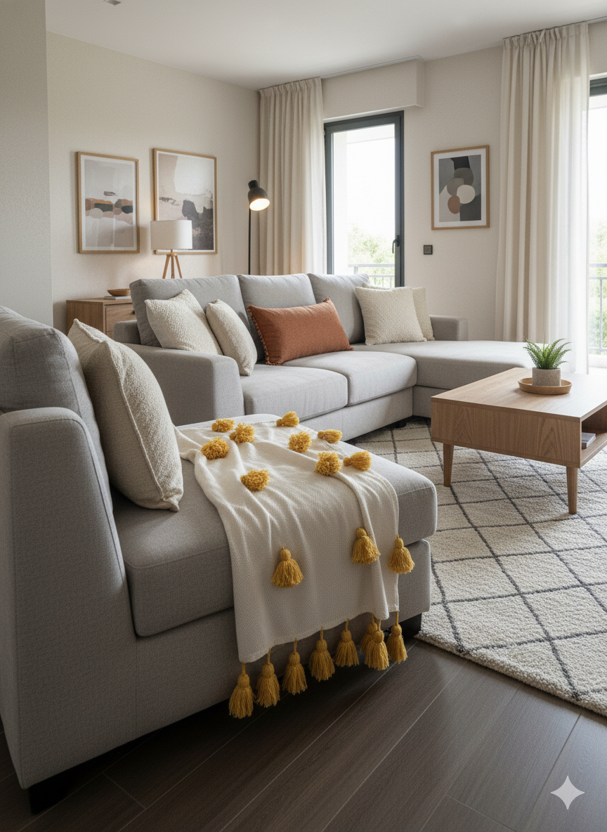Moroccan Pom Pom Blanket - Cream Blanket with Moustard Pompoms