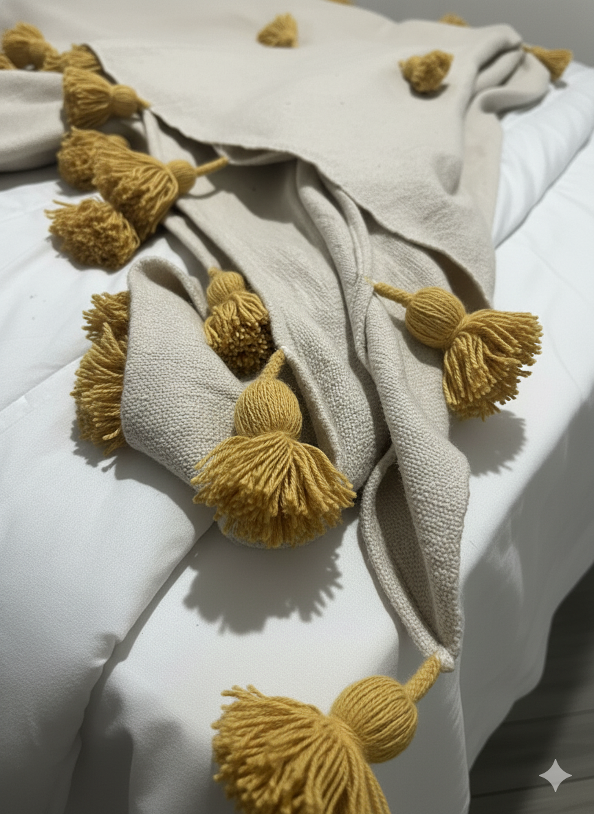 Moroccan Pom Pom Blanket - Cream Blanket with Moustard Pompoms