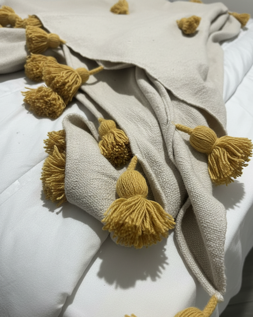 Moroccan Pom Pom Blanket - Cream Blanket with Moustard Pompoms