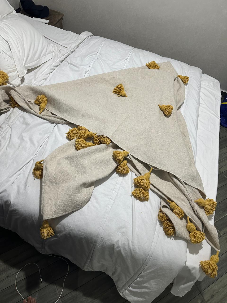 Moroccan Pom Pom Blanket - Cream Blanket with Moustard Pompoms