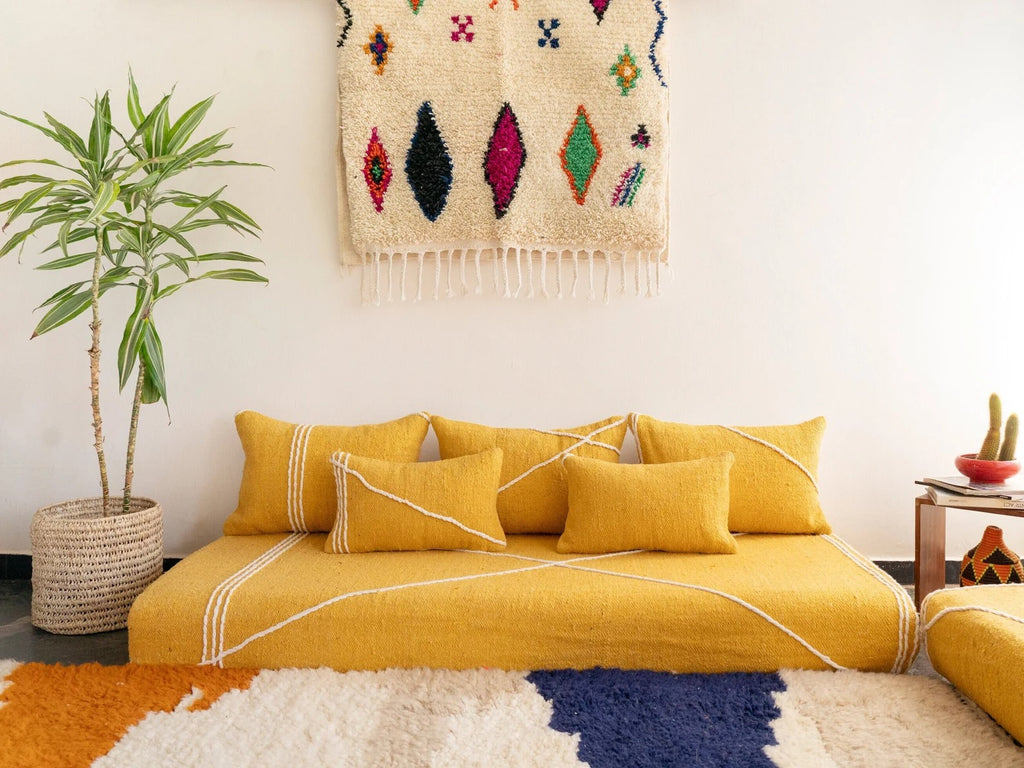Yellow Modular Floor Cushions, White Striped Moroccan Floor Pillows, Loveseat Sofa, Floor Couches, Living Room Sofa