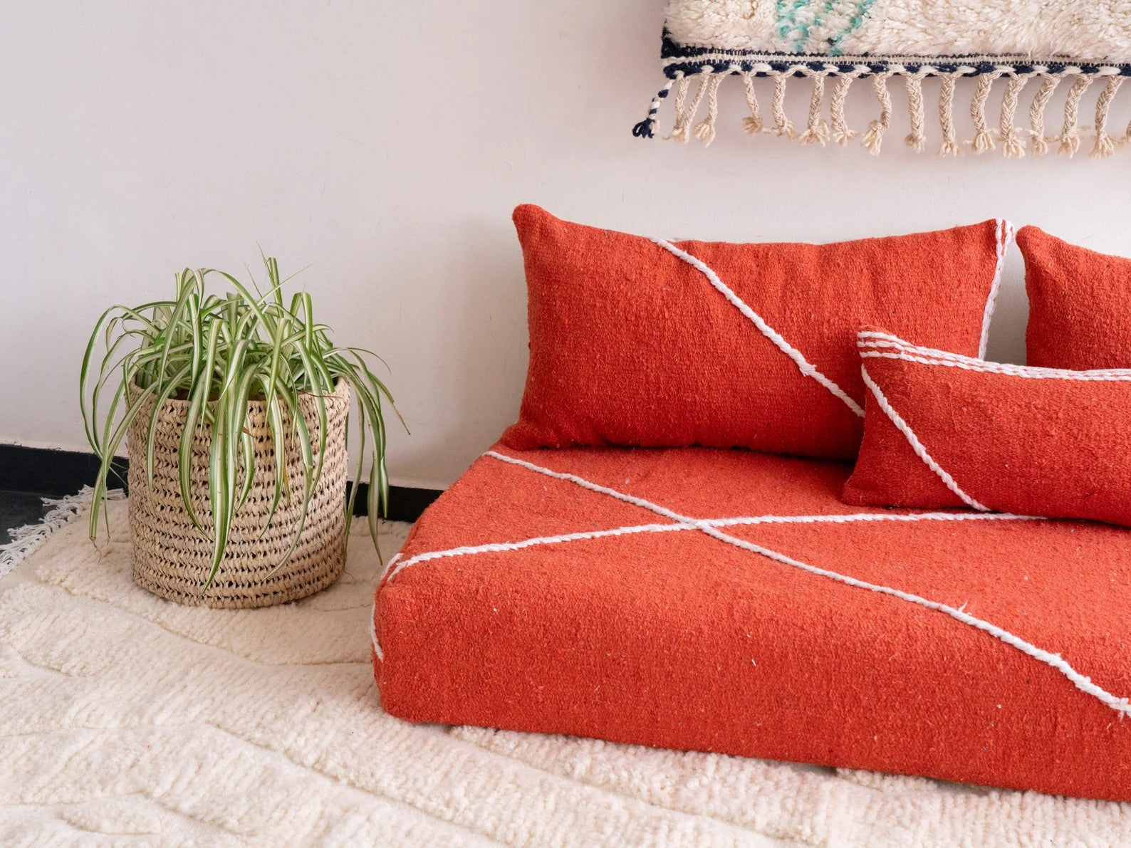 Red Modular Floor Cushions, White Striped Moroccan Floor Pillows, Loveseat Sofa, Floor Couches, Living Room Sofa