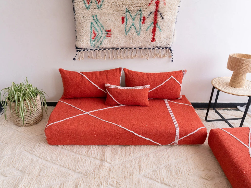 Red Modular Floor Cushions, White Striped Moroccan Floor Pillows, Loveseat Sofa, Floor Couches, Living Room Sofa