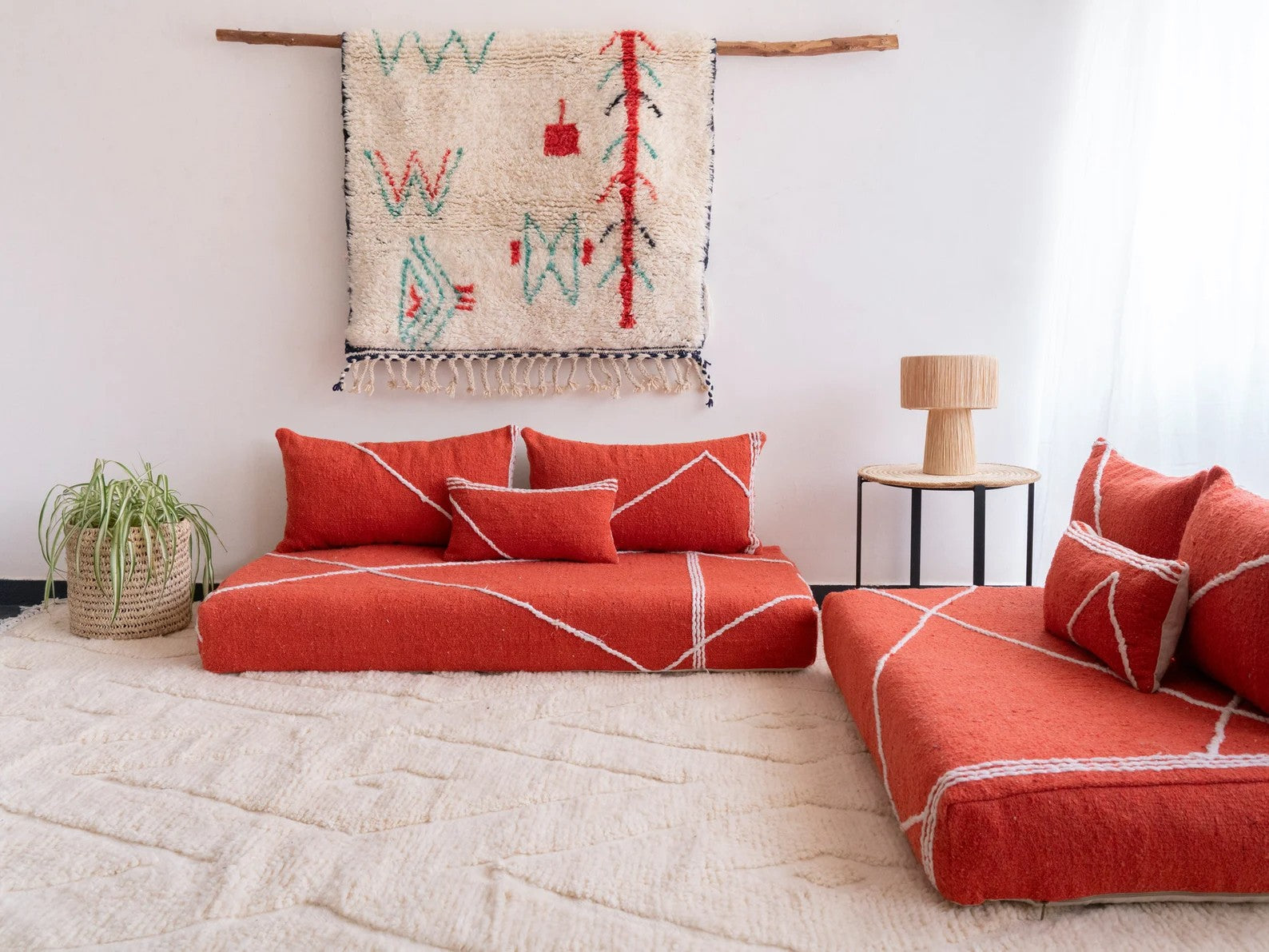 Red Modular Floor Cushions, White Striped Moroccan Floor Pillows, Loveseat Sofa, Floor Couches, Living Room Sofa