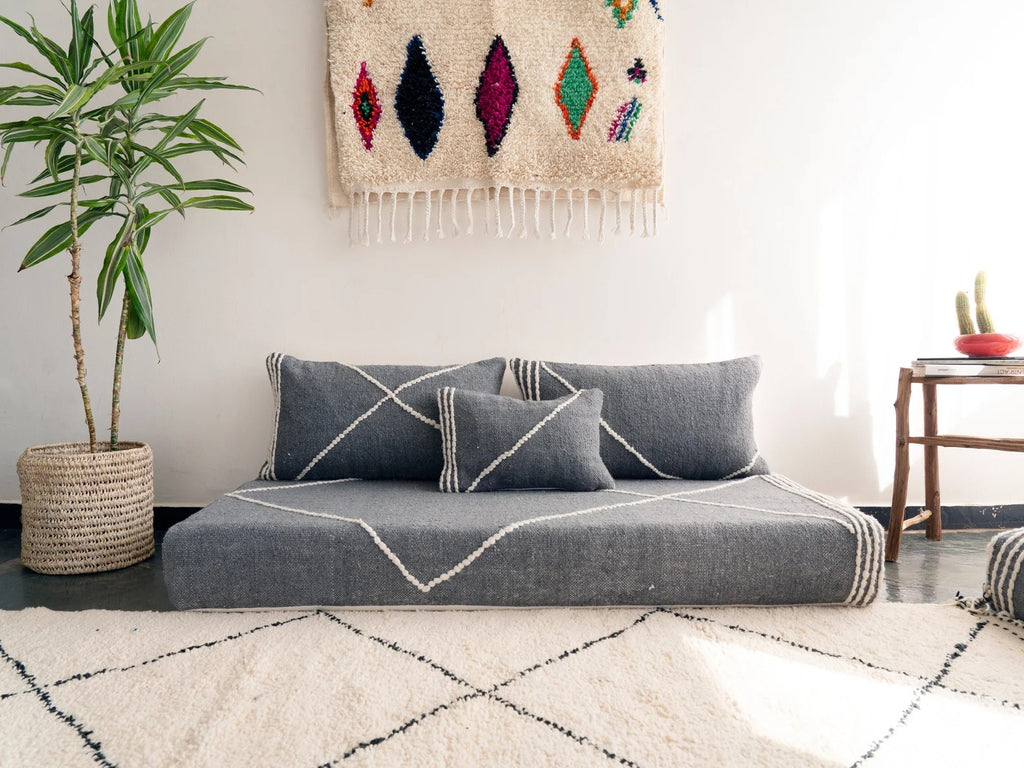 Yellow Modular Floor Cushions, White Striped Moroccan Floor Pillows, Loveseat Sofa, Floor Couches, Living Room Sofa