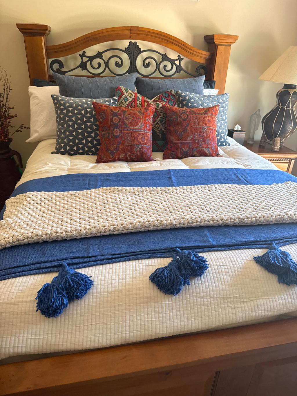Moroccan Pom Pom Blanket - Blue Blanket with Blue Pompoms