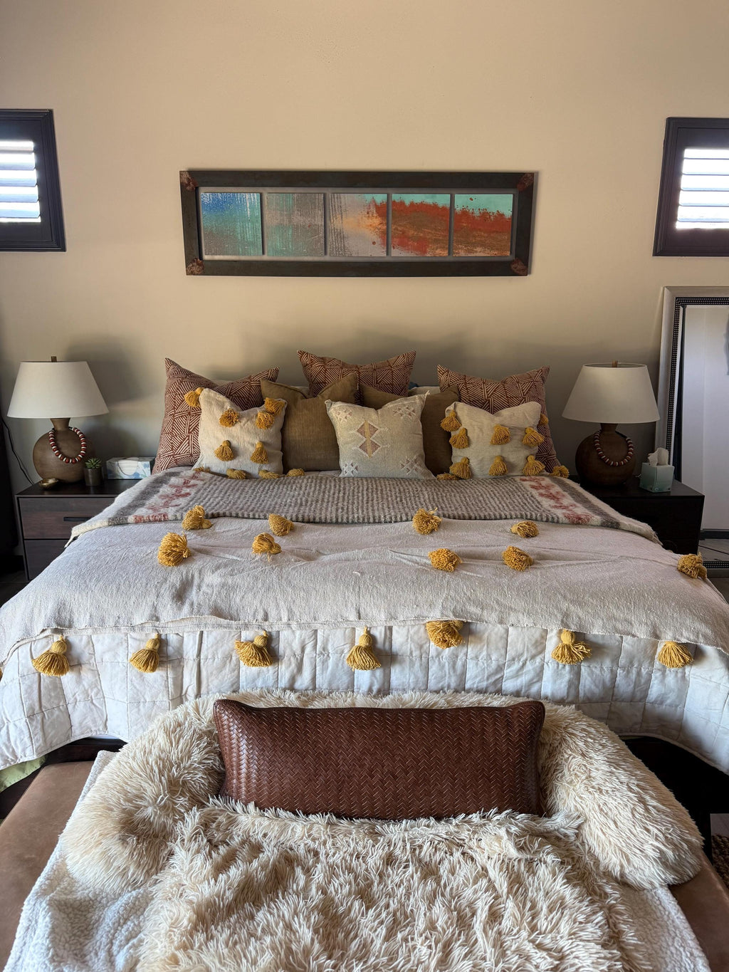 Moroccan Pom Pom Blanket - Cream Blanket with Moustard Pompoms