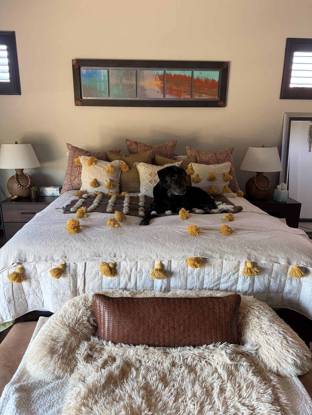 Moroccan Pom Pom Blanket - Cream Blanket with Moustard Pompoms